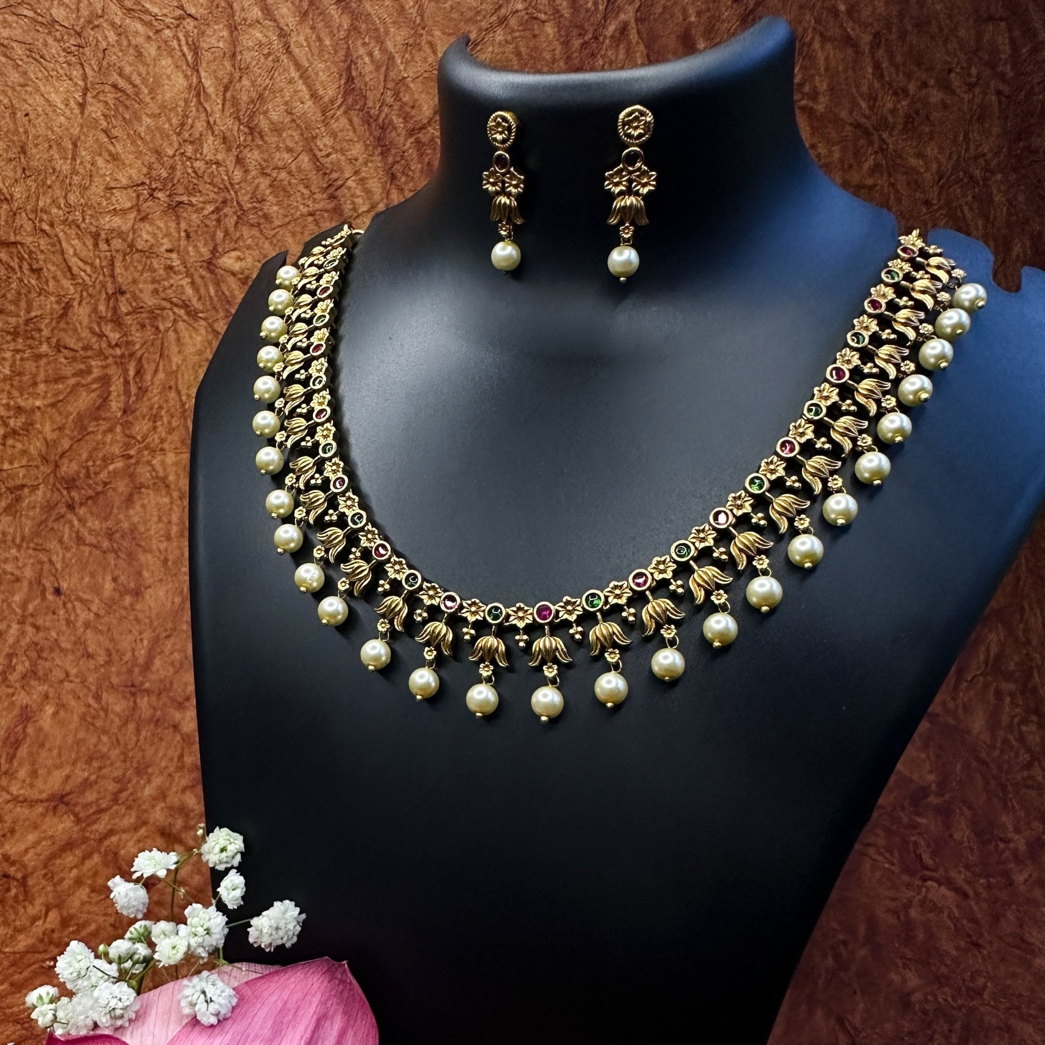 Non - idol Floral necklace with Pearl drops with earrings - House Of Tanaya