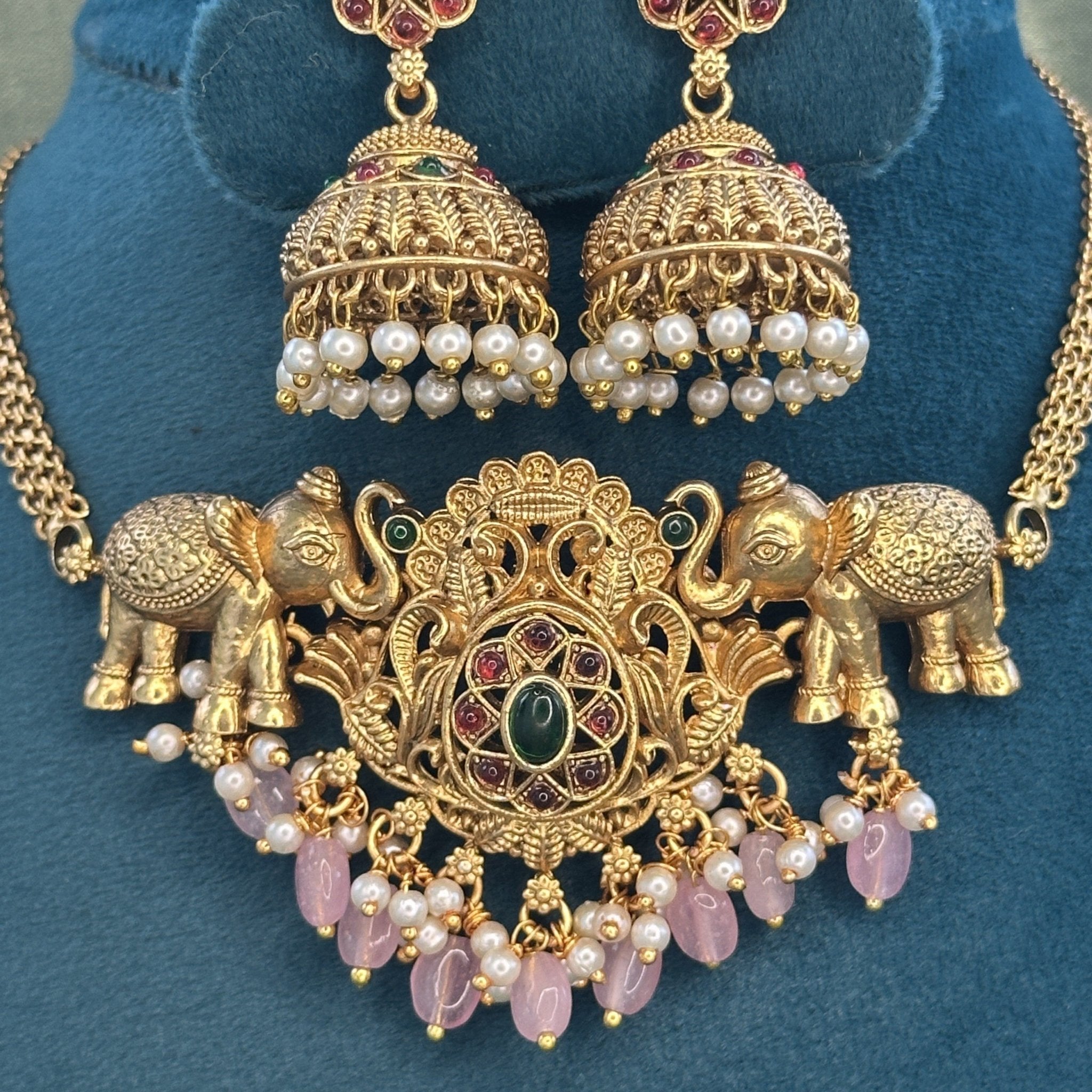 Haathi Choker with Emerald green droppings and Jhumkas - House Of Tanaya