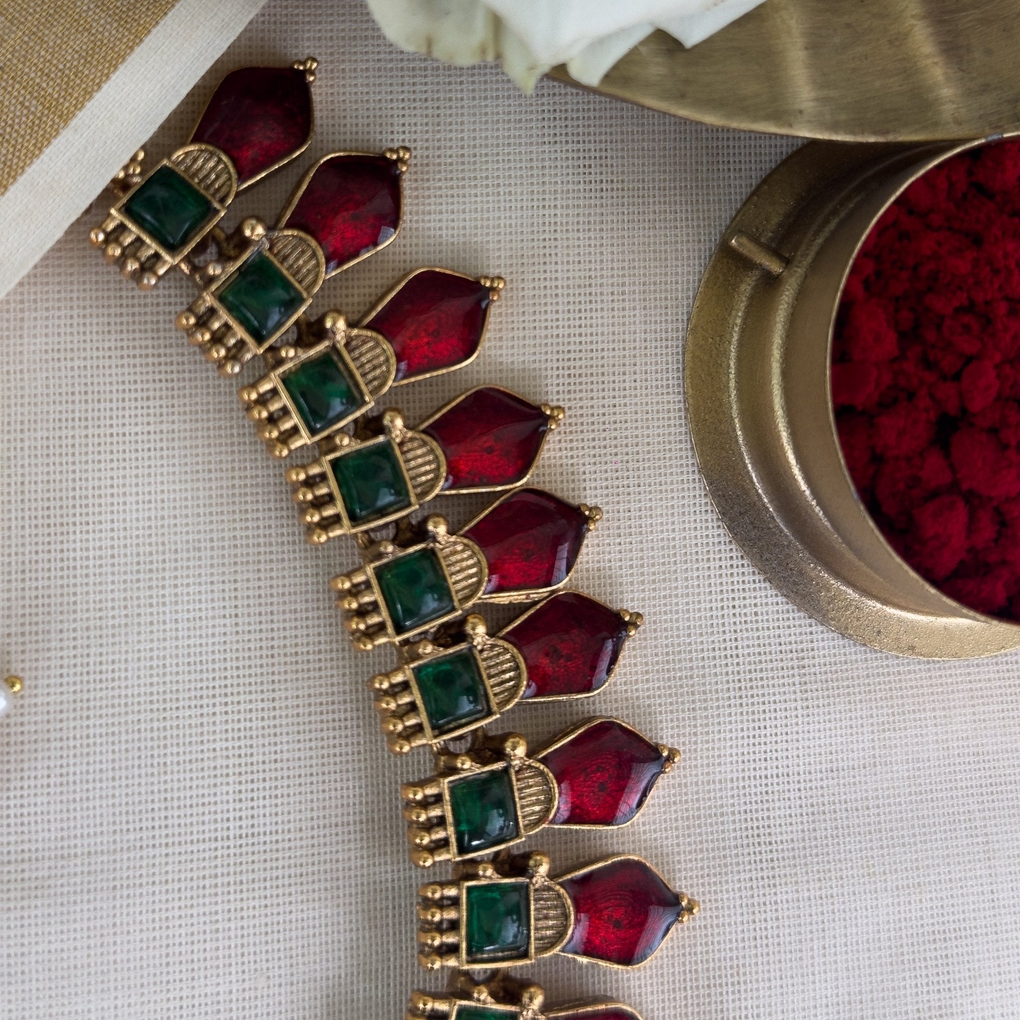 Red Nagapadam Maala with matching jhumkas - House Of Tanaya