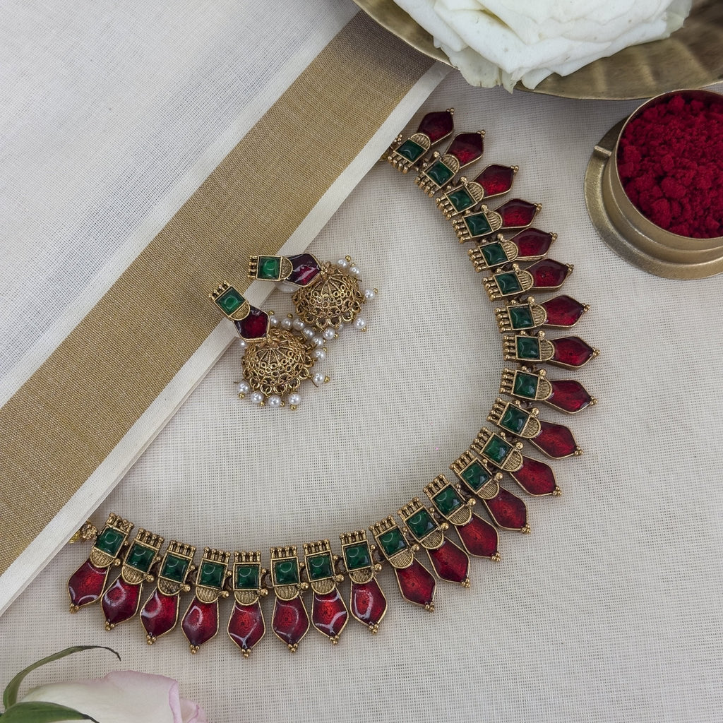Red Nagapadam Maala with matching jhumkas - House Of Tanaya