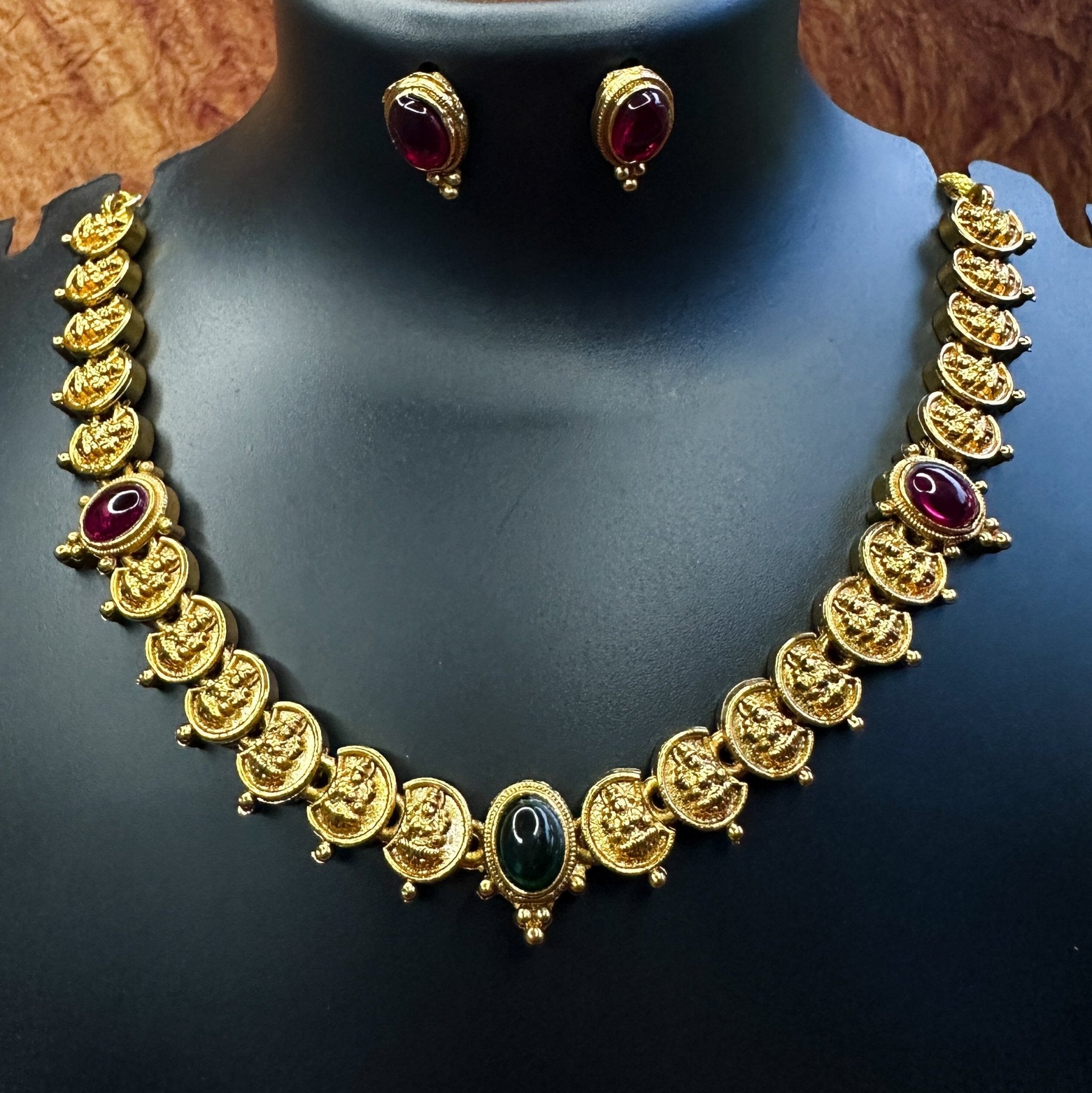Coin Necklace with Ruby & Emerald stones, paired with Ruby studs - House Of Tanaya