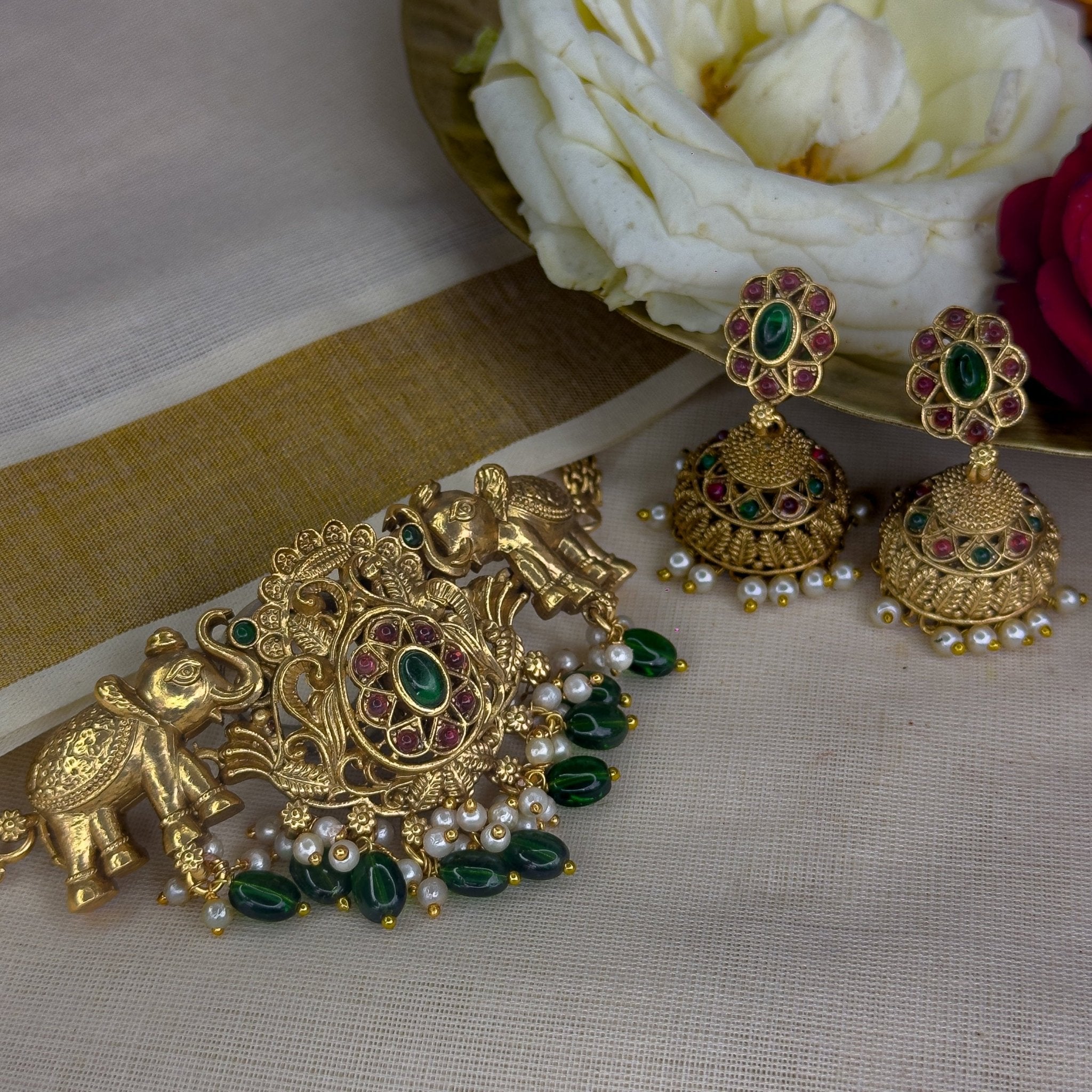 Haathi Choker with Emerald green droppings and Jhumkas - House Of Tanaya